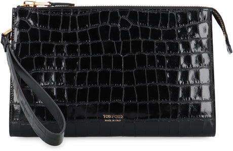 TOM FORD Men's Black Croco-Print Leather Pouch Handbag