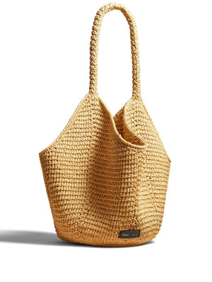 KHAITE Tan Raffia Tote Handbag with Single Handle and Self-Tie Closure for Women - Medium Size
