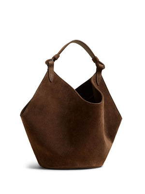 KHAITE Coffee Brown Suede Mini Handbag with Self-Tie Closure and Single Handle