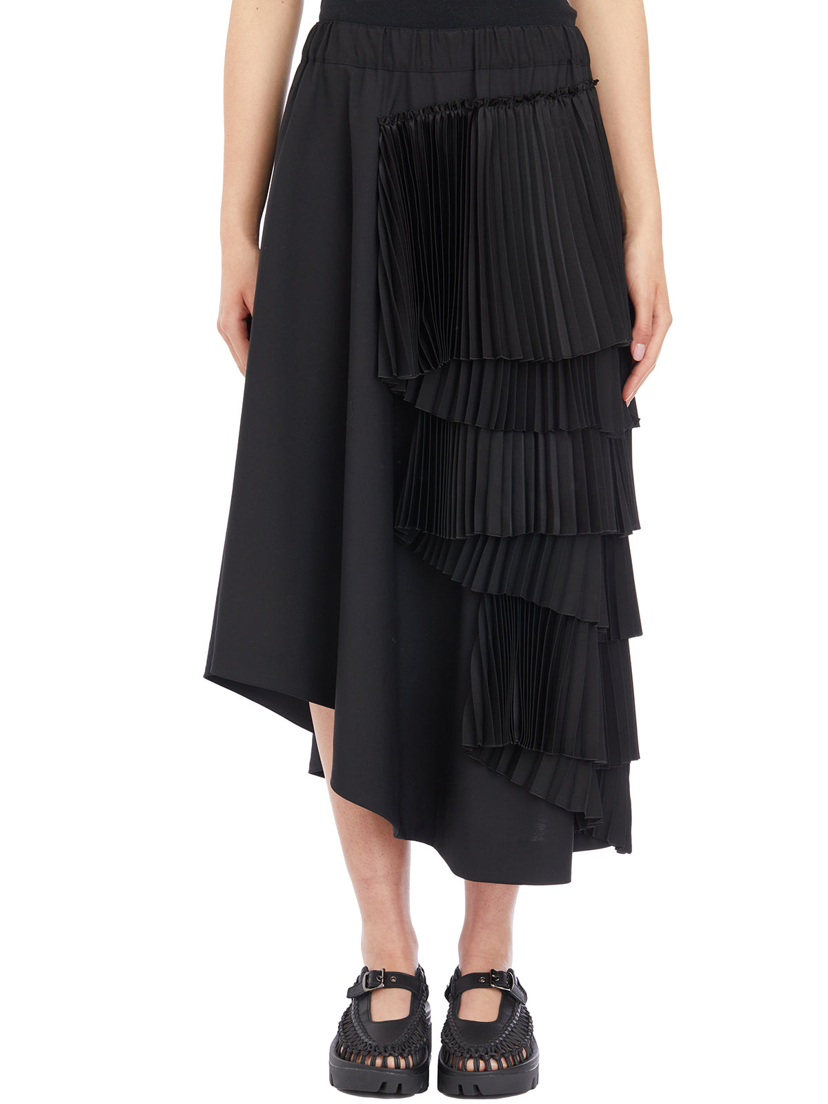 COMME DES GARÇONS Women's Black Wool Skirt with Elastic Waistband and Pleated Ruffles