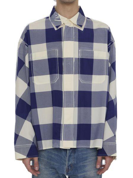 LOEWE Checkered Design White and Blue Wool Shirt for Men