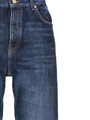 LOEWE Men's Mid Waist Straight-Leg Fisherman Jeans in Blue Cotton Denim with Contrast Turn-Up Cuffs