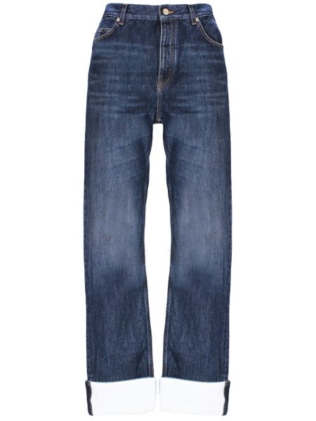 LOEWE Men's Mid Waist Straight-Leg Fisherman Jeans in Blue Cotton Denim with Contrast Turn-Up Cuffs