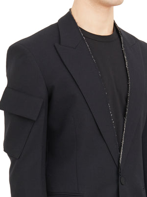 Áo blazer nam 100% lông cừu màu đen với viền cắt thô và túi hàng hóa