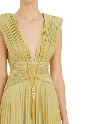 ELISABETTA FRANCHI Green V-Neck Dress with Padded Straps and Metallic Accessory for Women