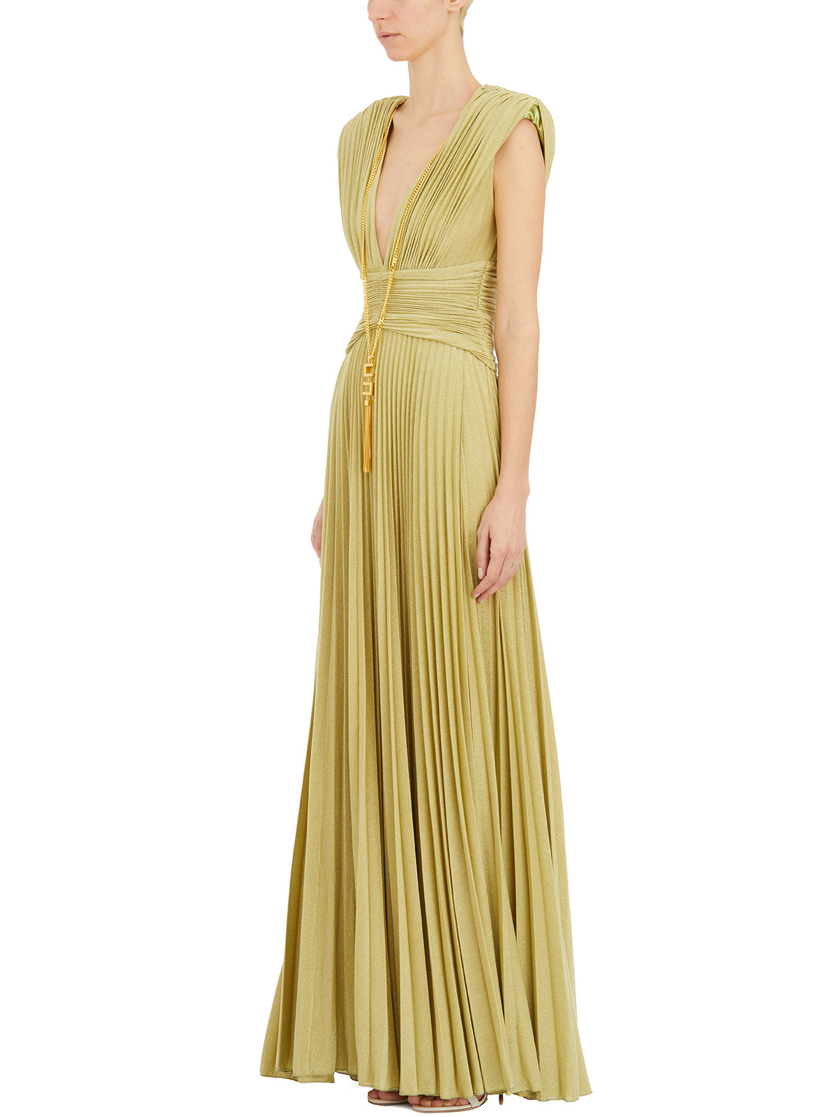 ELISABETTA FRANCHI Green V-Neck Dress with Padded Straps and Metallic Accessory for Women