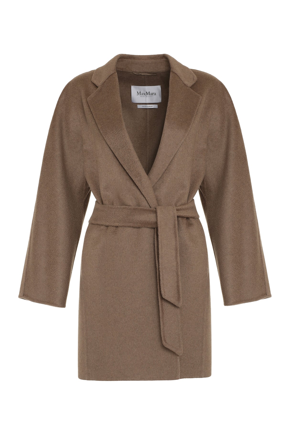 Women's Taupe Cashmere Jacket with Hand-Made Lapel Collar and Coordinated Waist Belt