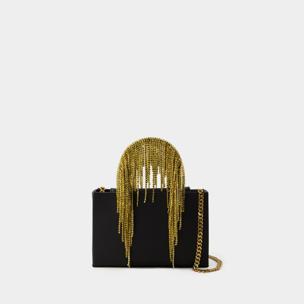 KARA Black Midi Crystal Fringe Handbag with Mesh Detail for Women - SS24