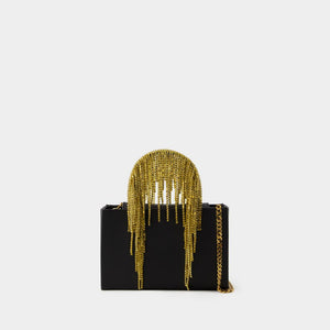 KARA Black Midi Crystal Fringe Handbag with Mesh Detail for Women - SS24