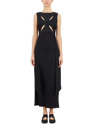 YEHUAFAN Black Long Silk Dress with Back Cutout, Boat Neckline, and Side Slits for Women
