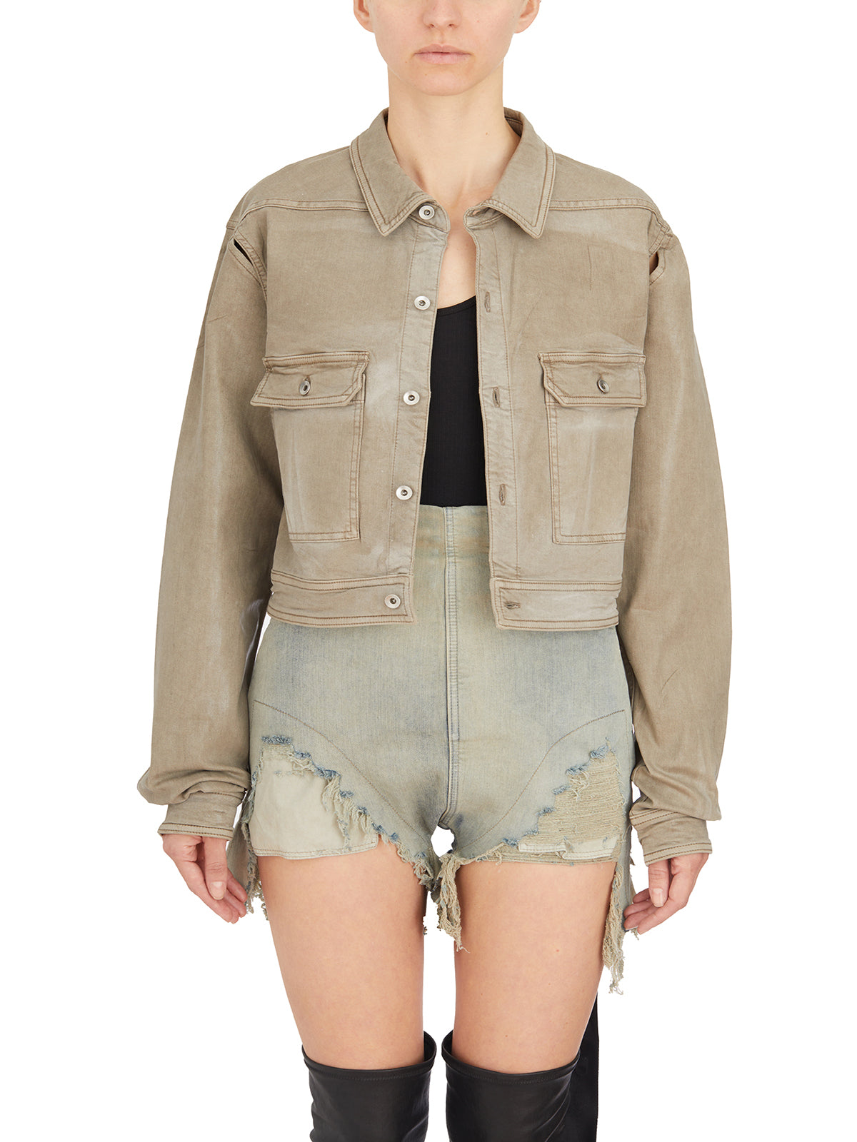 RICK OWENS Brown Denim Cape Sleeve Cropped Outershirt for Women