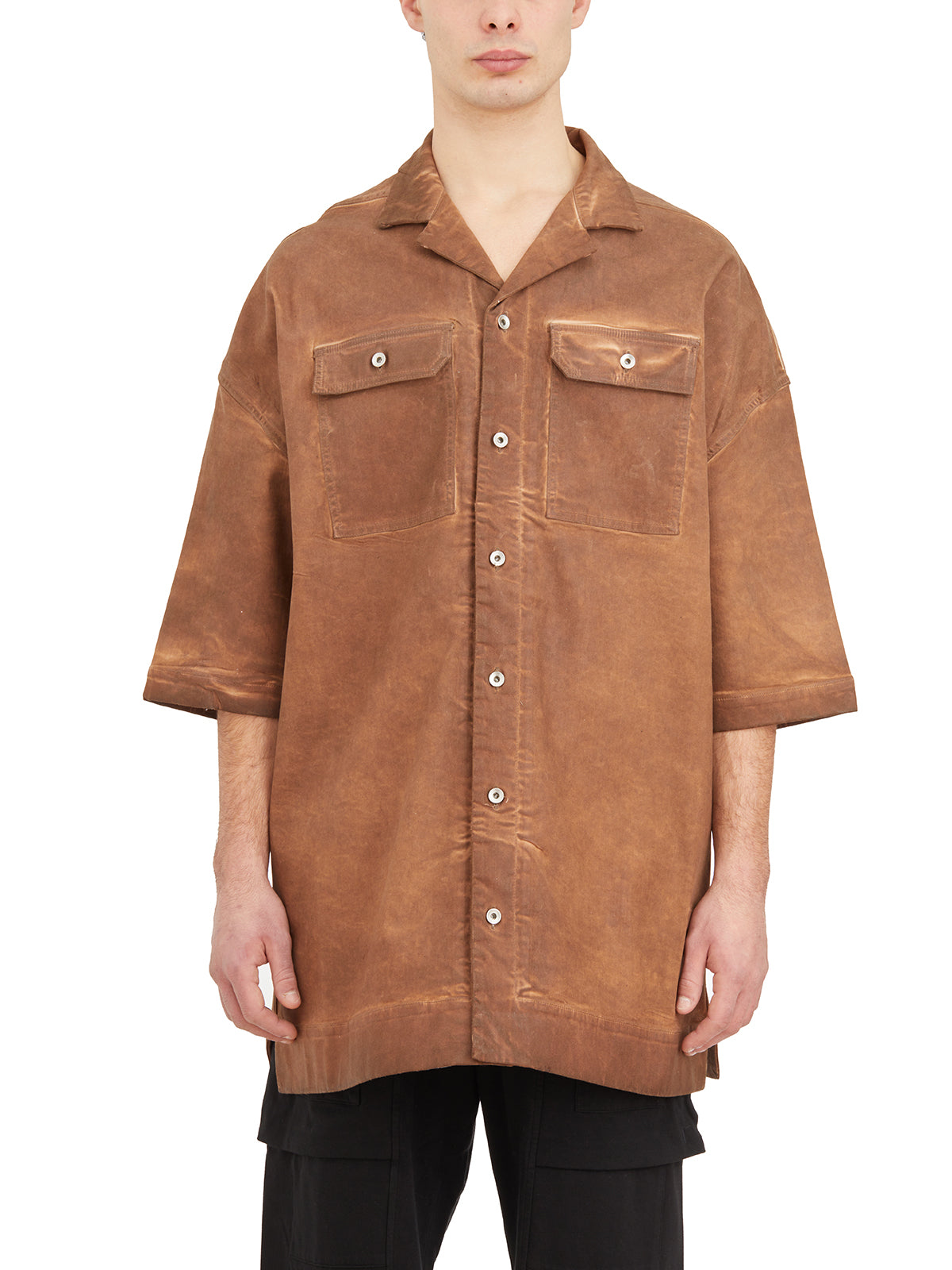 Oversized Brown Shirt with Front Buttons, Side Slits, and Chest Pockets for Men