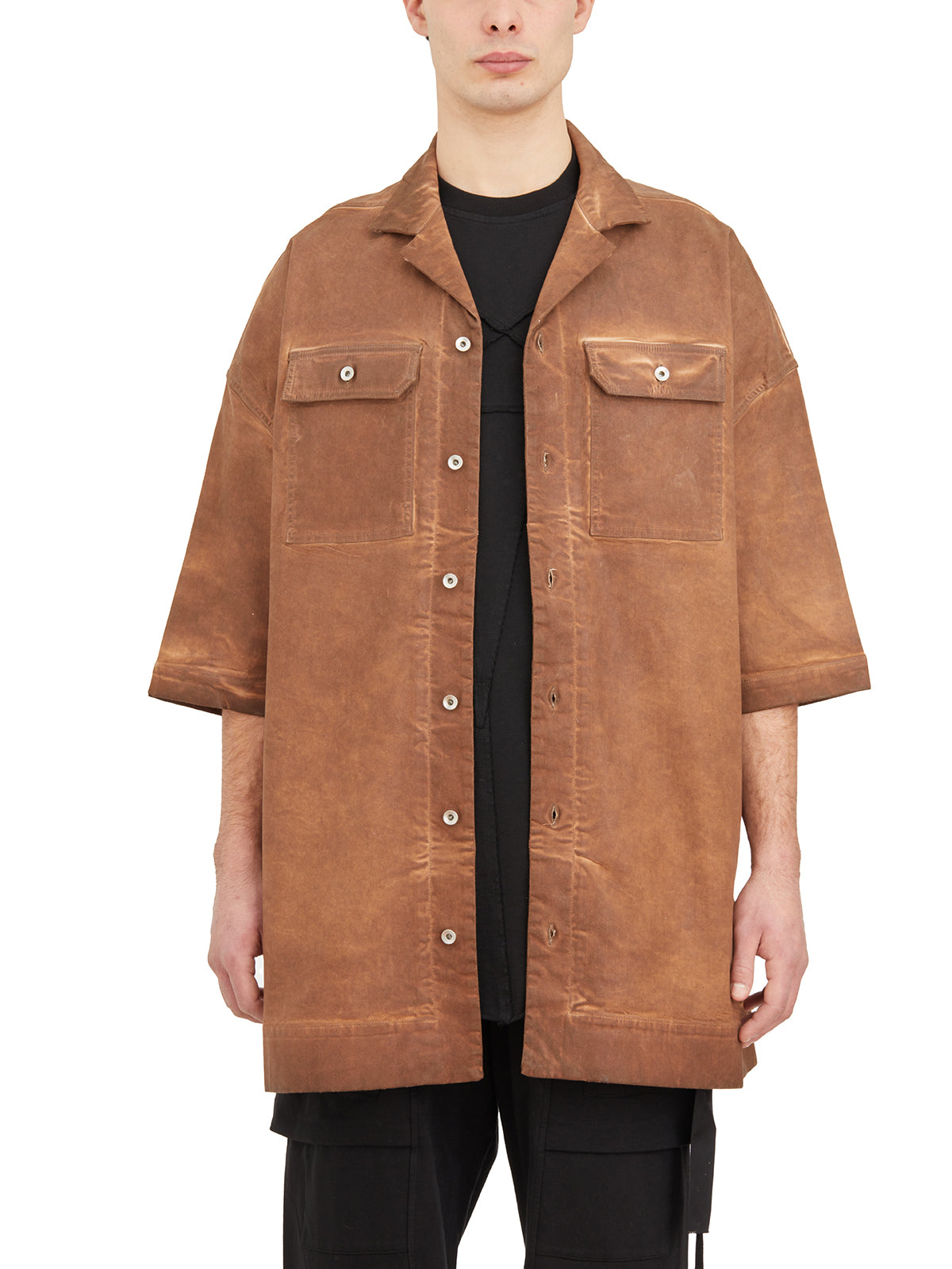 DRKSHDW Oversized Brown Shirt with Front Buttons, Side Slits, and Chest Pockets for Men