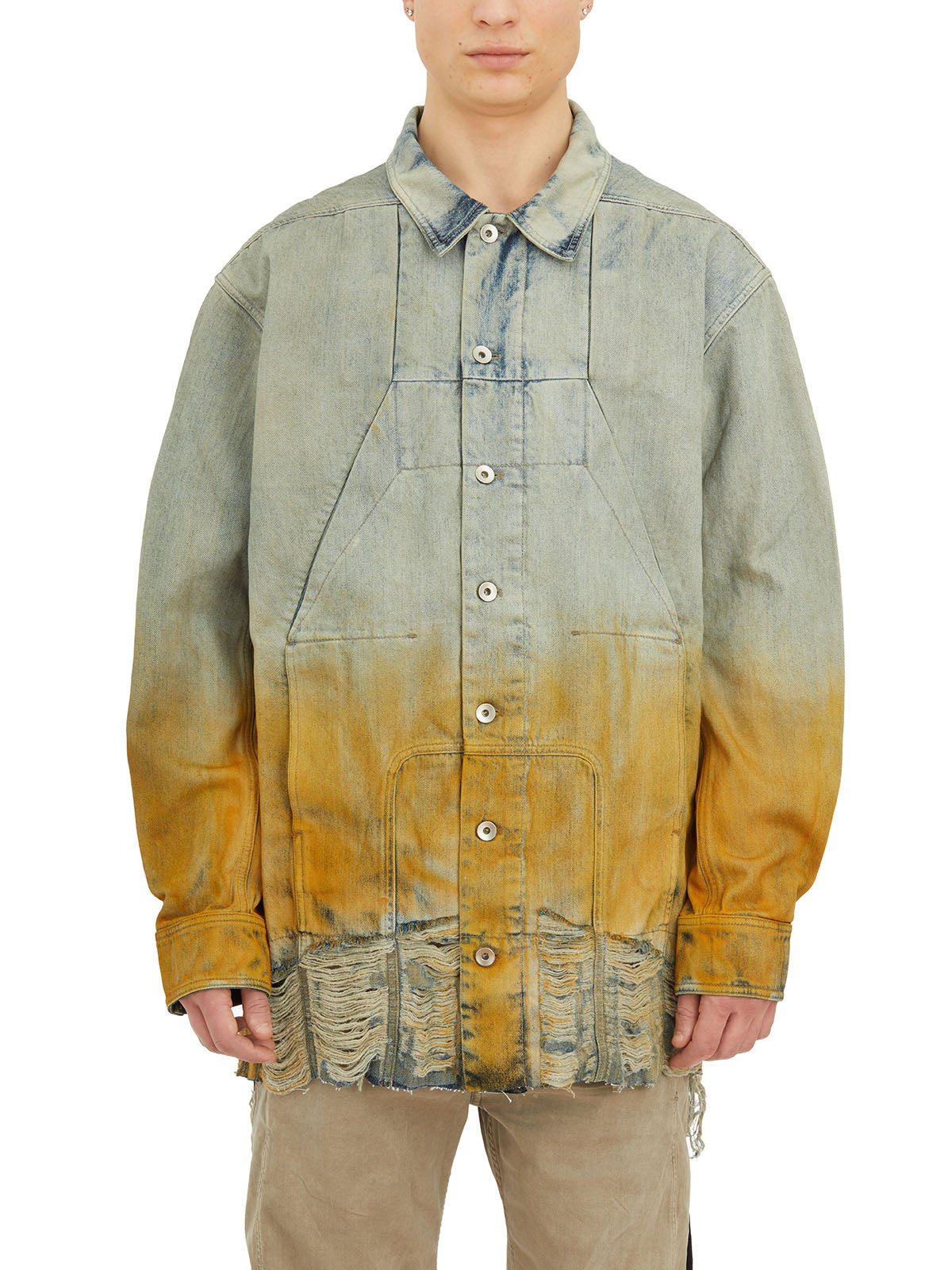 Men's Grey Bicolored Denim Jacket with Frayed Hem