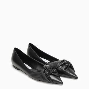 Black Leather Pointed Toe Knotted Ballerina Flats for Women