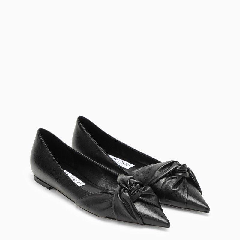 JIMMY CHOO Black Leather Ballerina - Pointed Toe Design, Knot Detail, Leather Sole