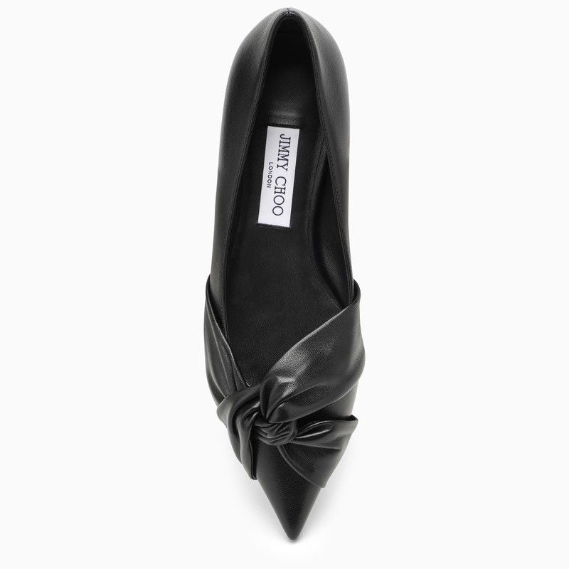 Black Leather Pointed Toe Knotted Ballerina Flats for Women