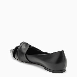 Black Leather Pointed Toe Knotted Ballerina Flats for Women