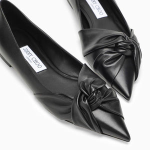 Black Leather Pointed Toe Knotted Ballerina Flats for Women