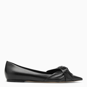 Black Leather Pointed Toe Knotted Ballerina Flats for Women