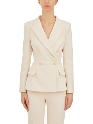 典雅雙排扣裙外套，內裡附有品牌標誌的緞面內襯，女士適用米白色
