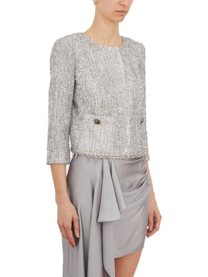 银色光学Tweed夹克，带镶钻饰物和标志缎衬里 - 女性春季/夏季2024系列