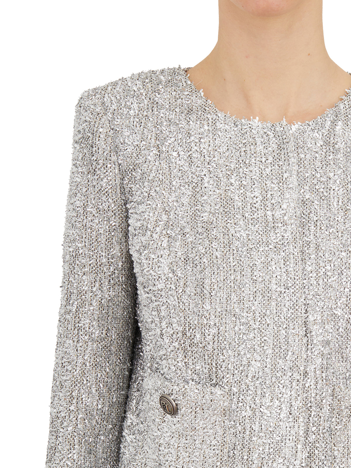 银色光学Tweed夹克，带镶钻饰物和标志缎衬里 - 女性春季/夏季2024系列
