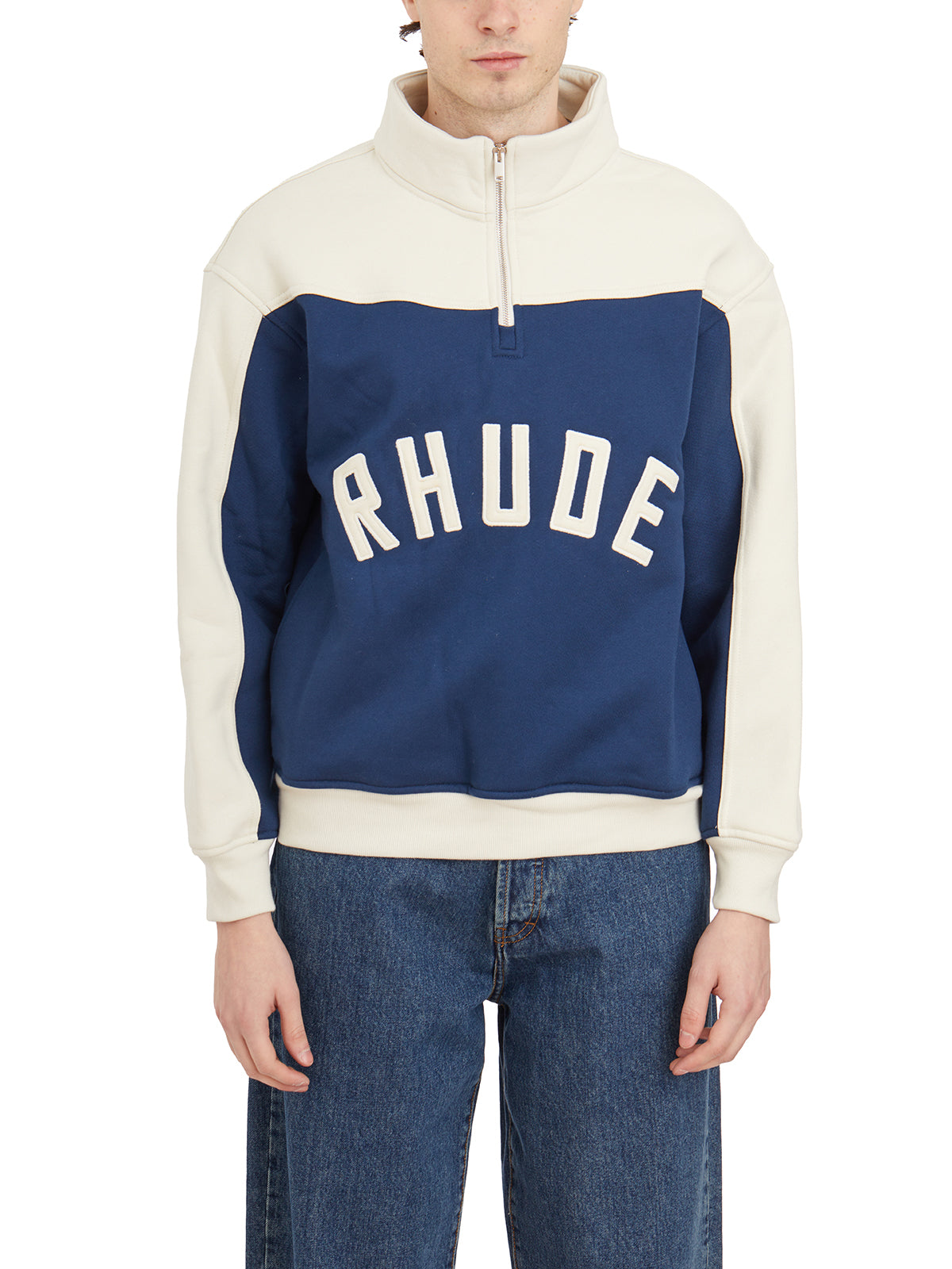 RHUDE Men's White Half Zip Sweatshirt with Front Logo, Size M