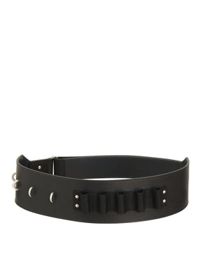 RICK OWENS Men's Black Rigid Belt with Adjustable Cinch Strap and Brass Rivet Details