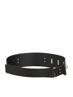 RICK OWENS Men's Black Rigid Belt with Adjustable Cinch Strap and Brass Rivet Details