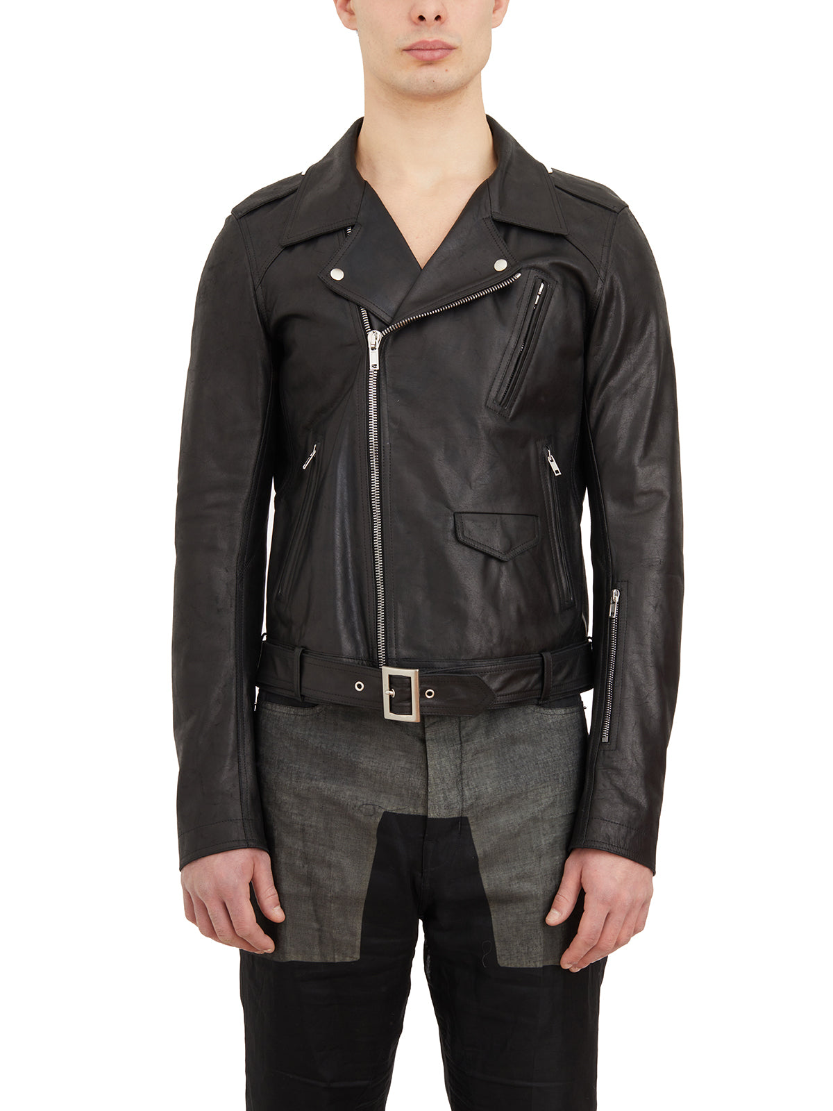 男士黑色皮革摩托夹克衫，带拉链口袋和经典领子 (SS24)