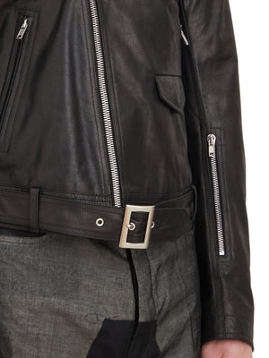 男士黑色皮革摩托夹克衫，带拉链口袋和经典领子 (SS24)