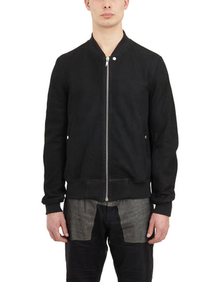 RICK OWENS Men's Black Leather Bomber Jacket with Ribbed Details