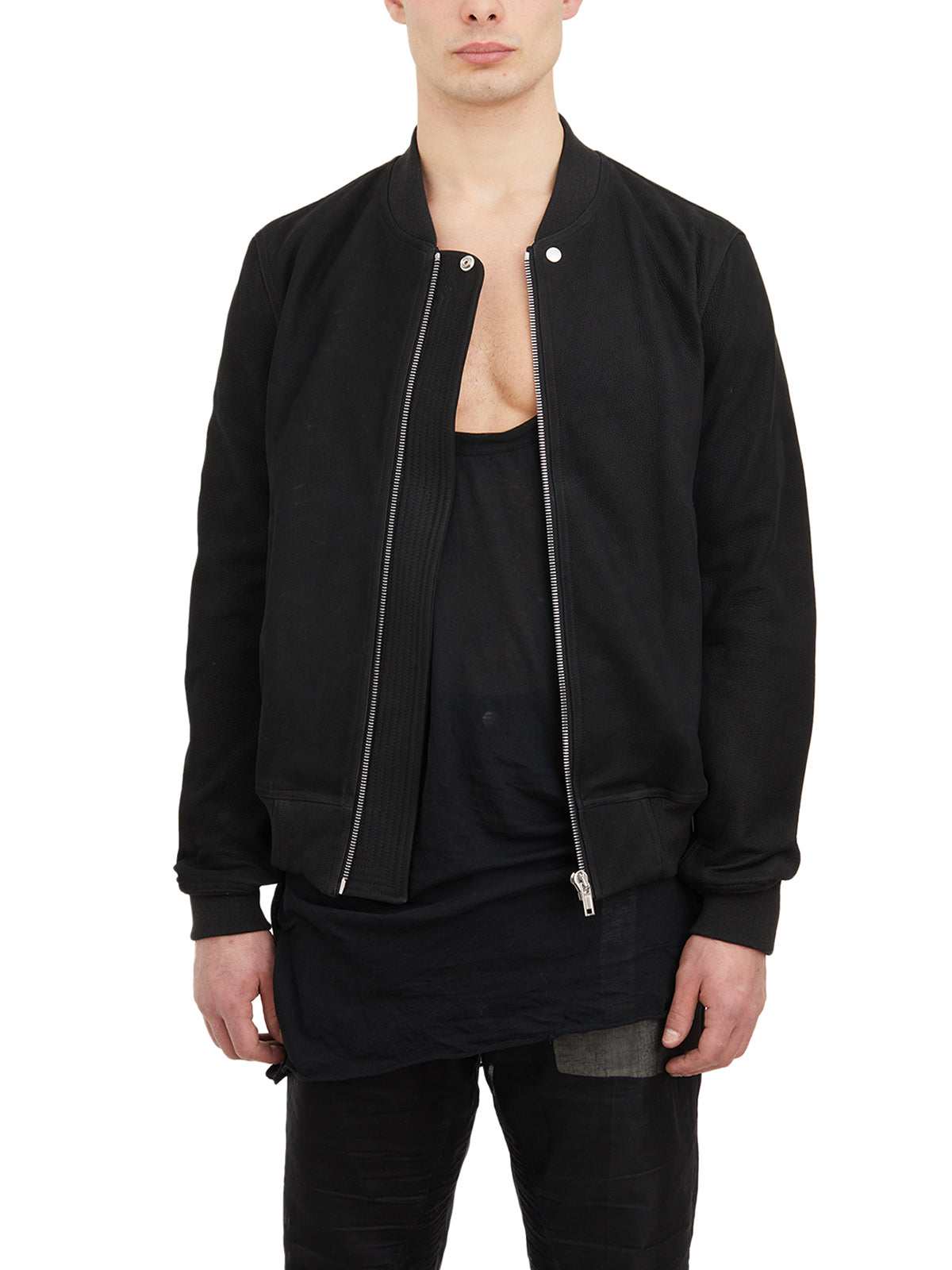 RICK OWENS Men's Black Leather Bomber Jacket with Ribbed Details