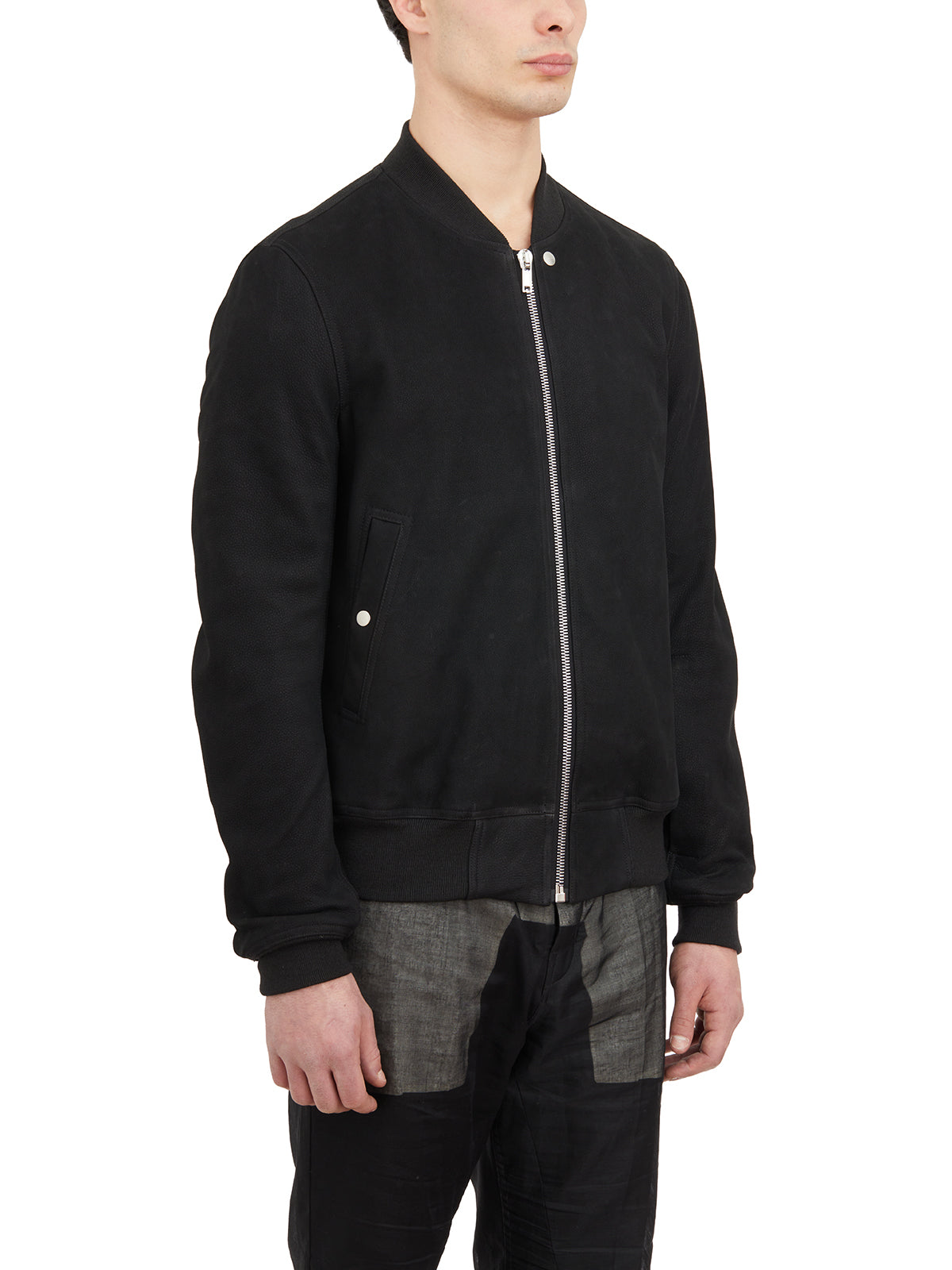 RICK OWENS Men's Black Leather Bomber Jacket with Ribbed Details