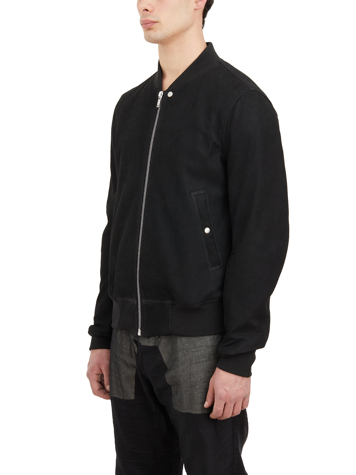 RICK OWENS Men's Black Leather Bomber Jacket with Ribbed Details