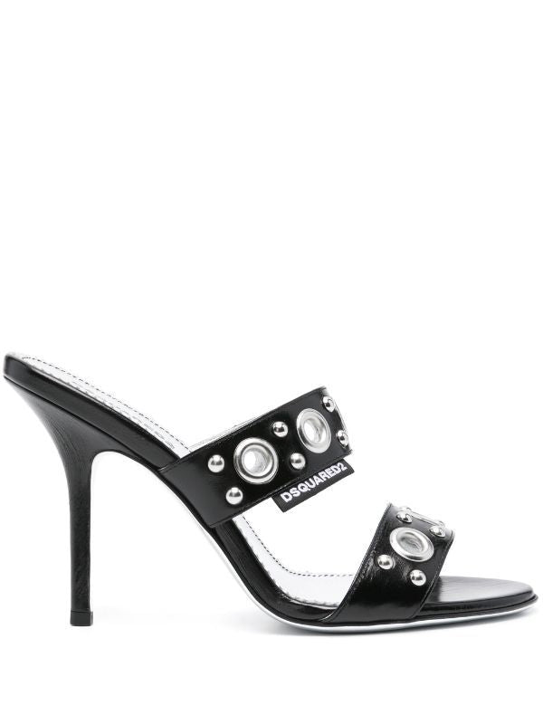 Gothic 100MM 皮革涼鞋 - 女款黑色銀色鈕釦細節開口高跟鞋