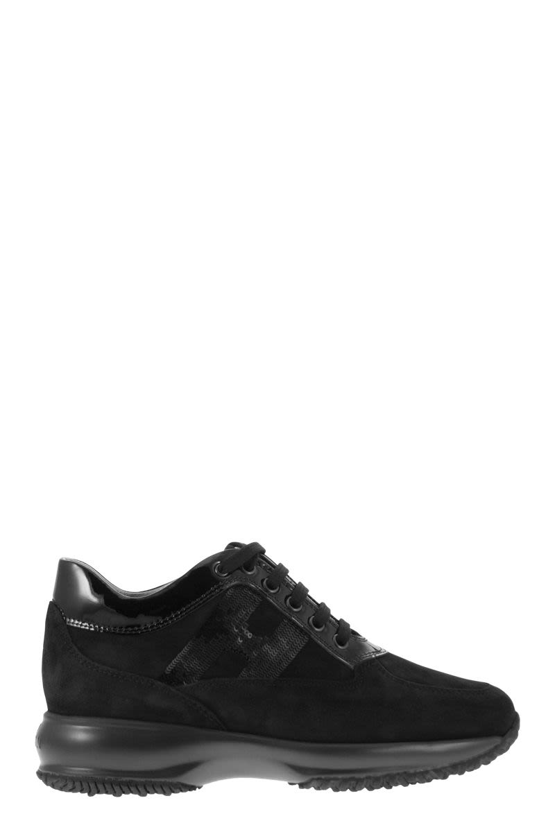 HOGAN Black Sequin Sparkle Sneakers with Suede Accents