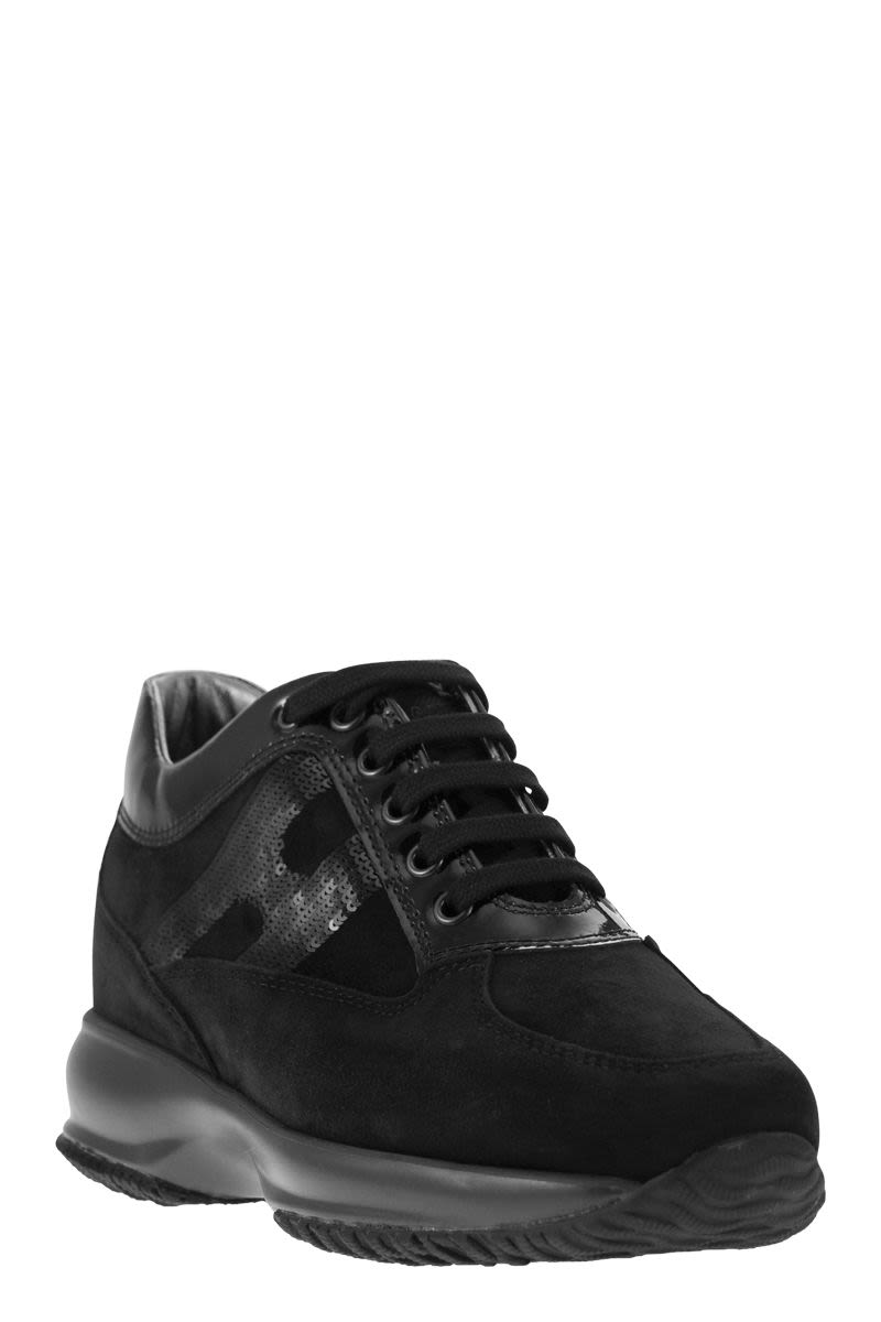 HOGAN Black Sequin Sparkle Sneakers with Suede Accents