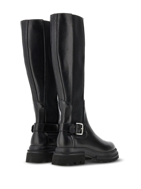 HOGAN Knee-High Leather Boots with Decorative Buckle