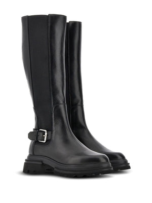 HOGAN Knee-High Leather Boots with Decorative Buckle