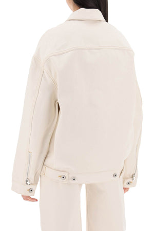 オーバーサイズブルデニムジャケット調整可能な裾とコントラストステッチ