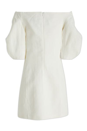 Váy ngắn lụa và viscose trắng với áo tay bóng và cổ vẽ được xếp gấp