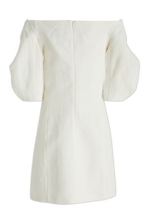 White Linen and Viscose Blend Short Dress with Balloon Sleeves and Cowl Neckline