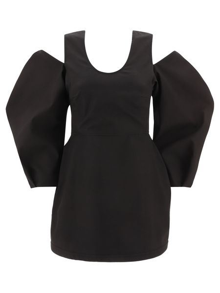 Black Cotton Cut-Out Top with Balloon Sleeves for Women