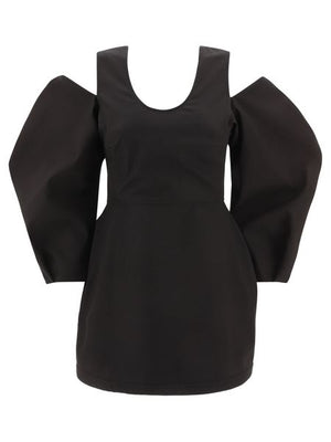 Black Cotton Cut-Out Top with Balloon Sleeves for Women