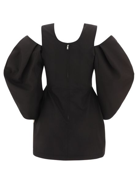 Black Cotton Cut-Out Top with Balloon Sleeves for Women