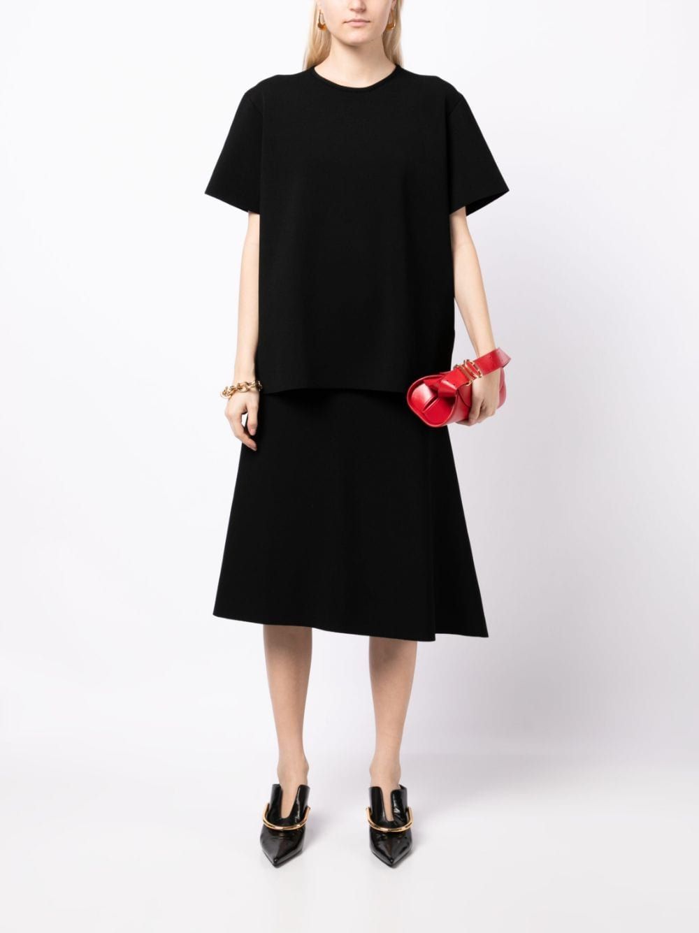 JIL SANDER BLACK ELASTIC KNIT MIDI SKIRT