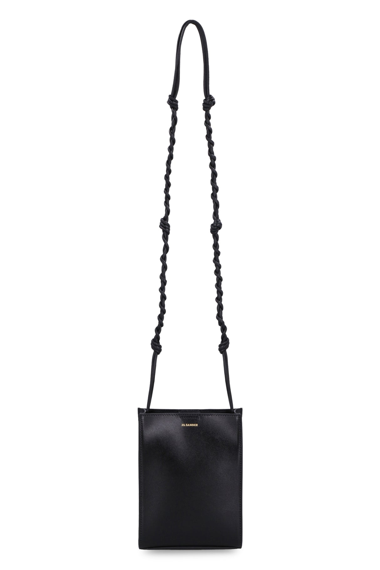 Black Leather Crossbody Handbag with Decorative Knot Strap