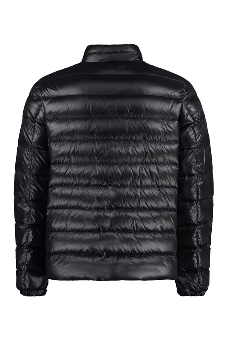スタンドカラー付きメンズブラックダウンジャケット、裾調整可能 SS24